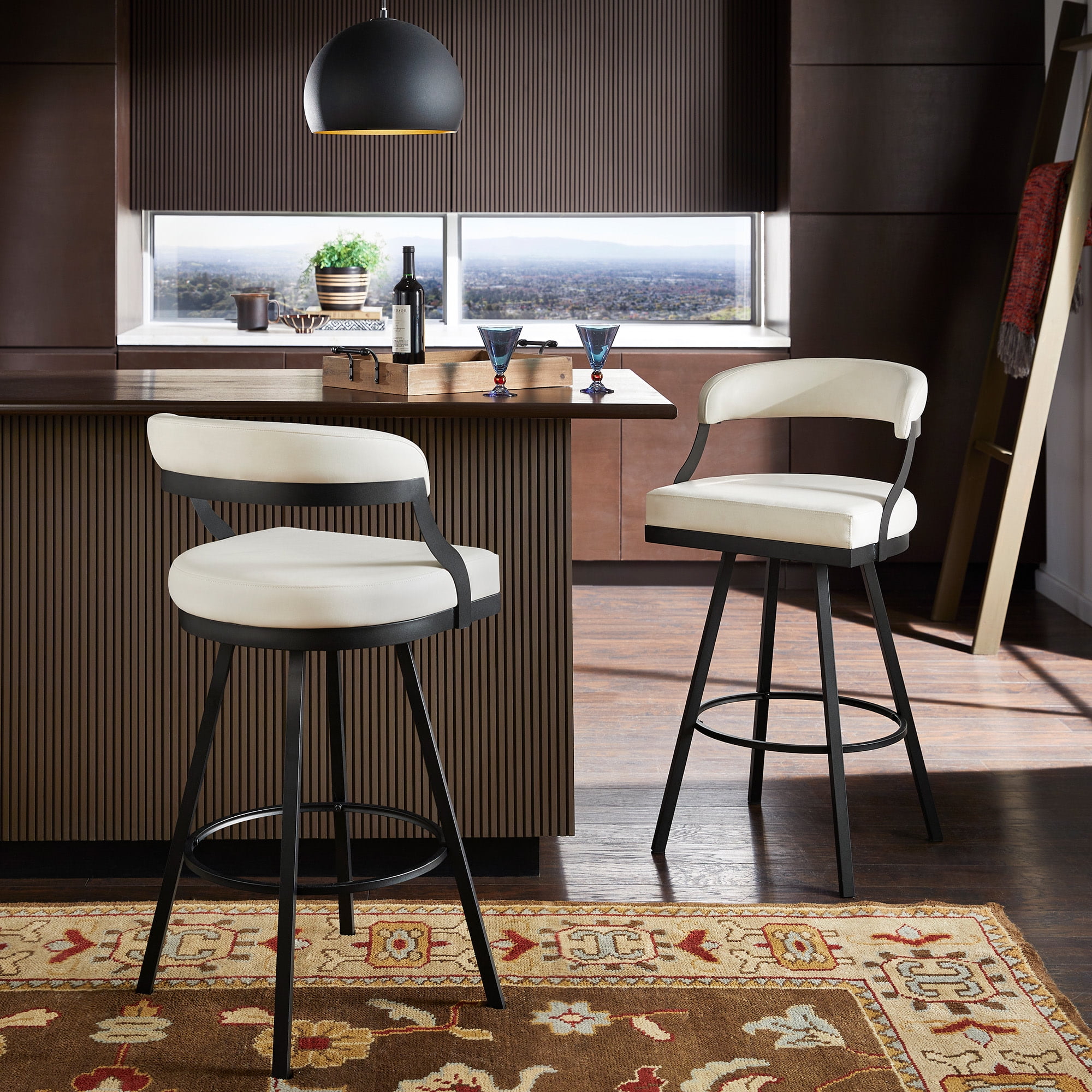 Weston Home Jala Black Finish Metal Vegan Leather Swivel Bar Height Chair, Set of 2, White
