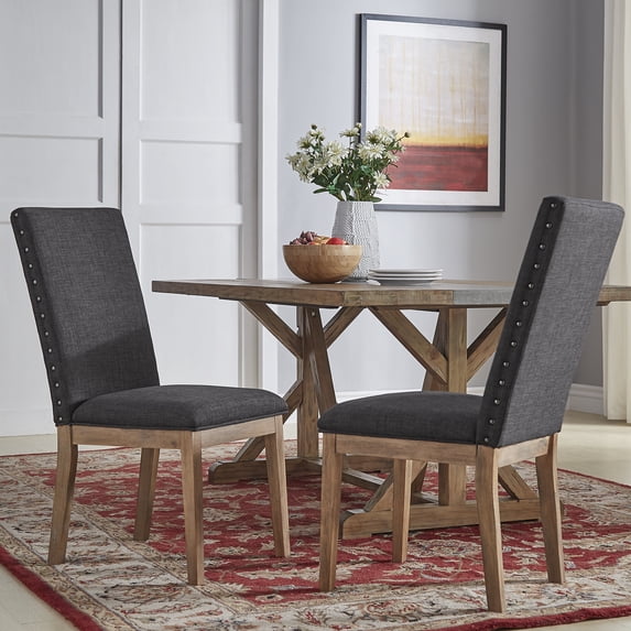 Weston Home Kirk Nailhead Accent Parson Linen Dining Chair, Set of 2, Charcoal