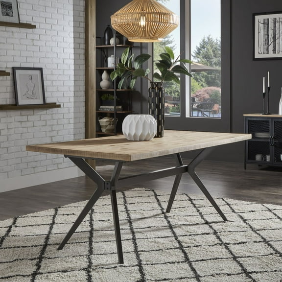 Weston Home Krista 70" Rectangular Black Metal Trestle Base Dining Table, Light Pine