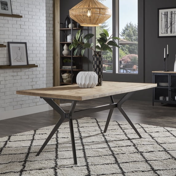 Weston Home Krista 70" Rectangular Black Metal Trestle Base Dining Table, Light Pine