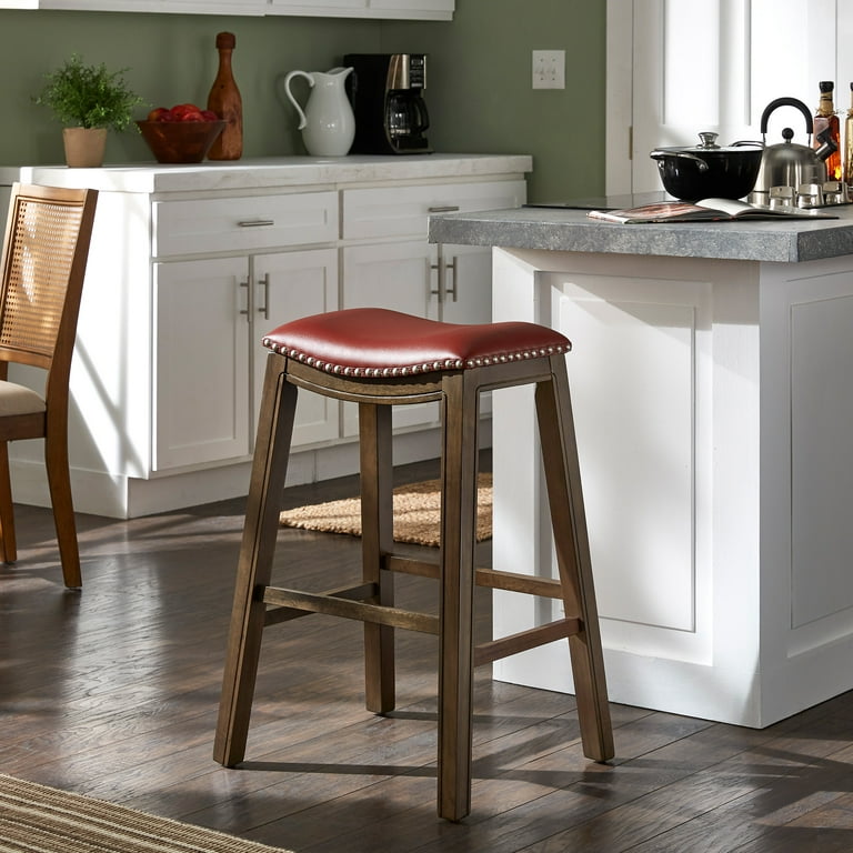 Weston Home Leighton Faux Leather Saddle Seat Backless Bar Height Stool Red Brown Finish Walmart