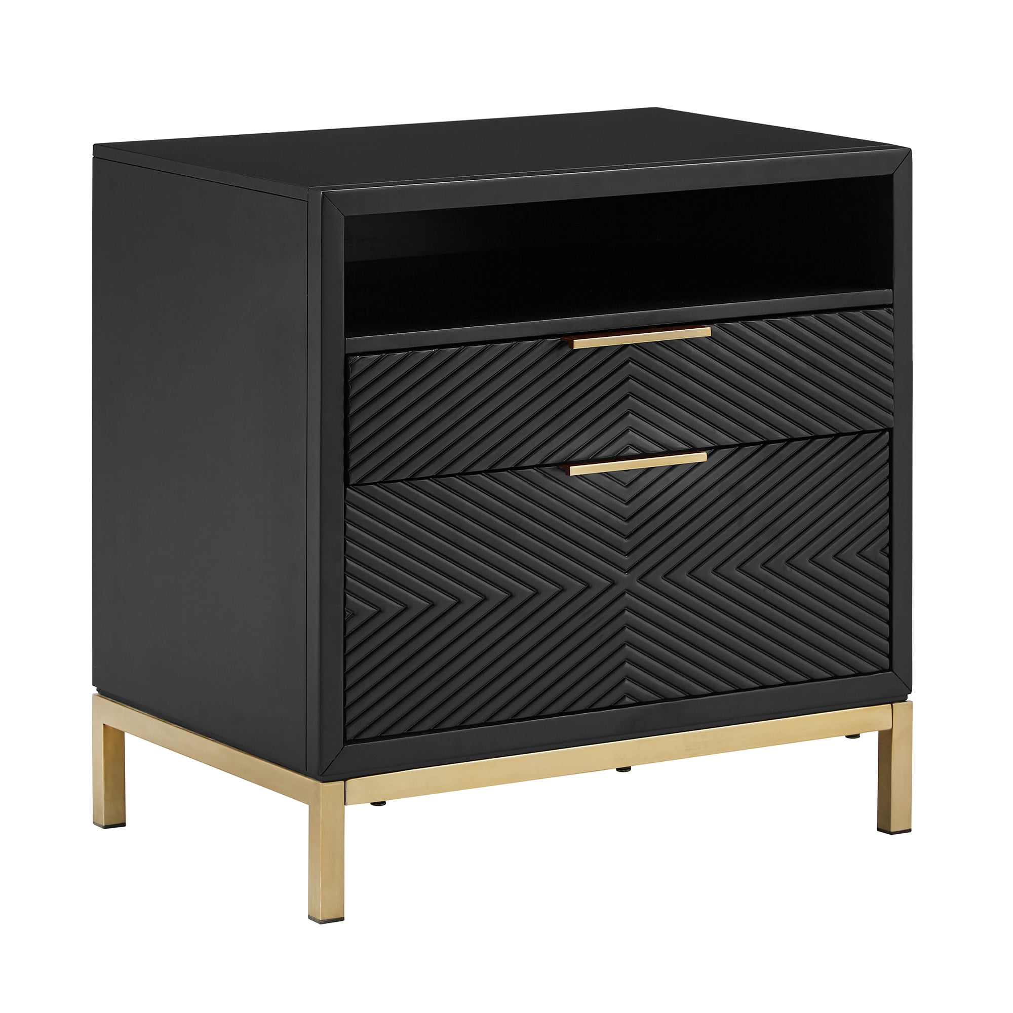 Weston Home Lena Modern Nightstand with 2 Drawers, Black/Gold
