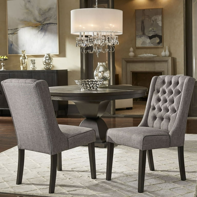 Set of Two Tufted Beige and Espresso Upholstered Linen Dining Side Chairs Set of Two Tufted Beige and Espresso Upholstered Linen Dining Side Chairs