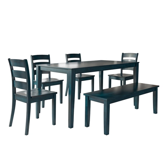Weston Home Lexington Wood Dining Set with Bench and 4 Ladder Back Chairs, Dark Denim