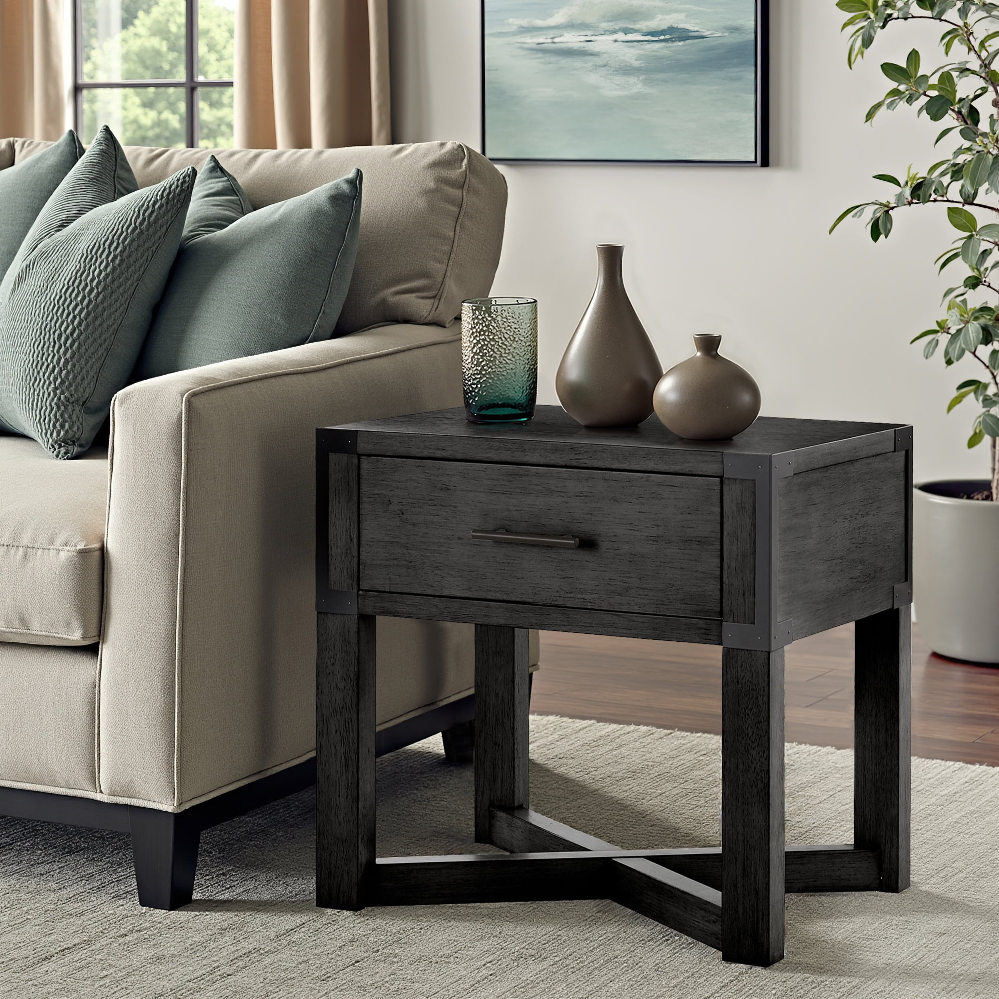 Weston Home Lompoc Wood Finish X-Base End Table with Drawer, Antique Black