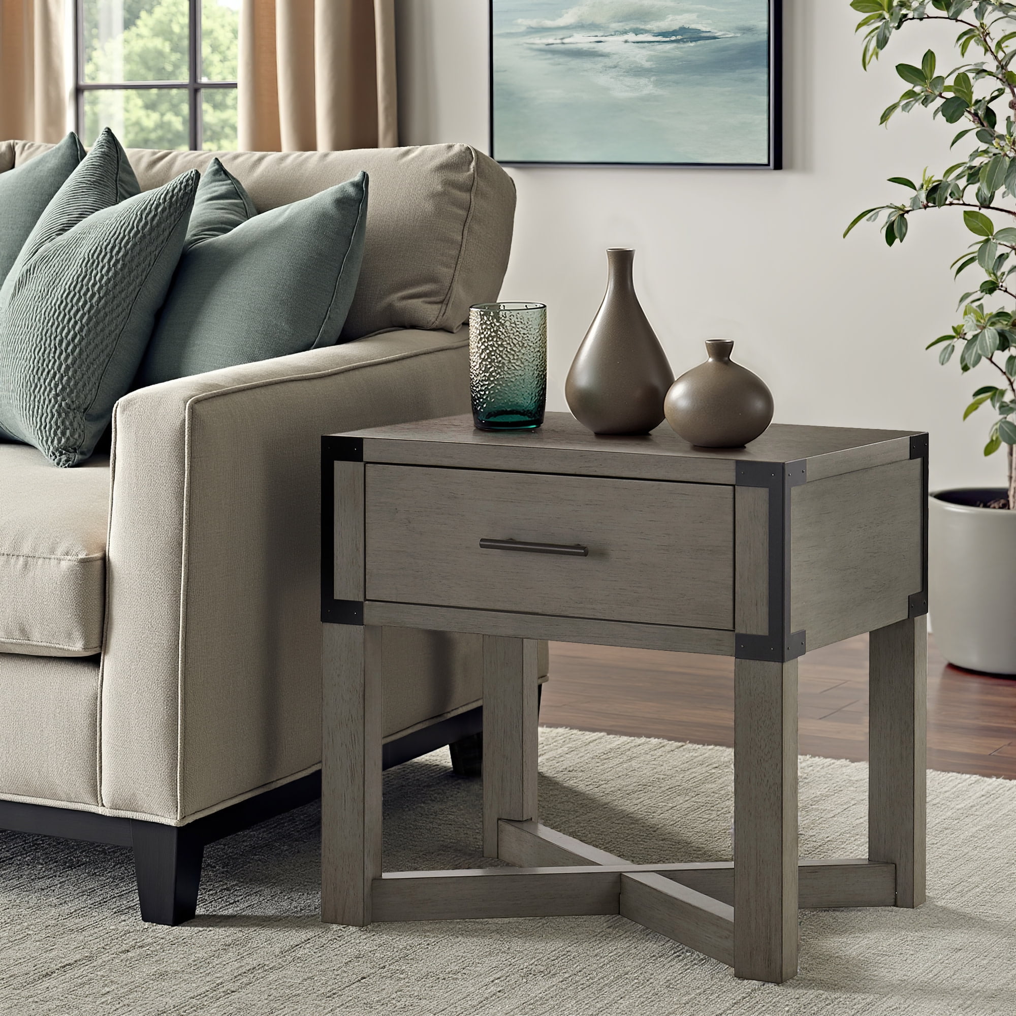 Weston Home Lompoc Wood Finish X-Base End Table with Drawer, Antique Gray