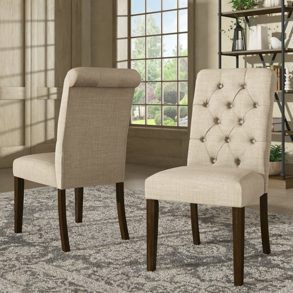 Weston Home Lottie Chic Beige Linen Button Tufted Dining Chair (Set of 2), Brown wood finish
