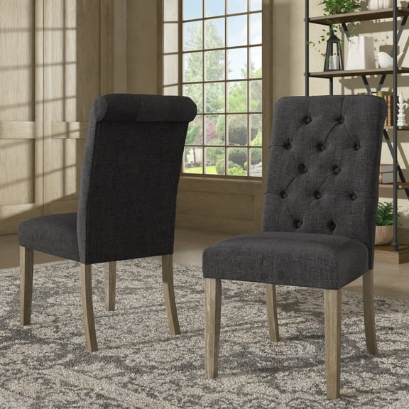 Weston Home Lottie Chic Dark Gray Linen Button Tufted Dining Chair (Set of 2), Gray wash wood finish
