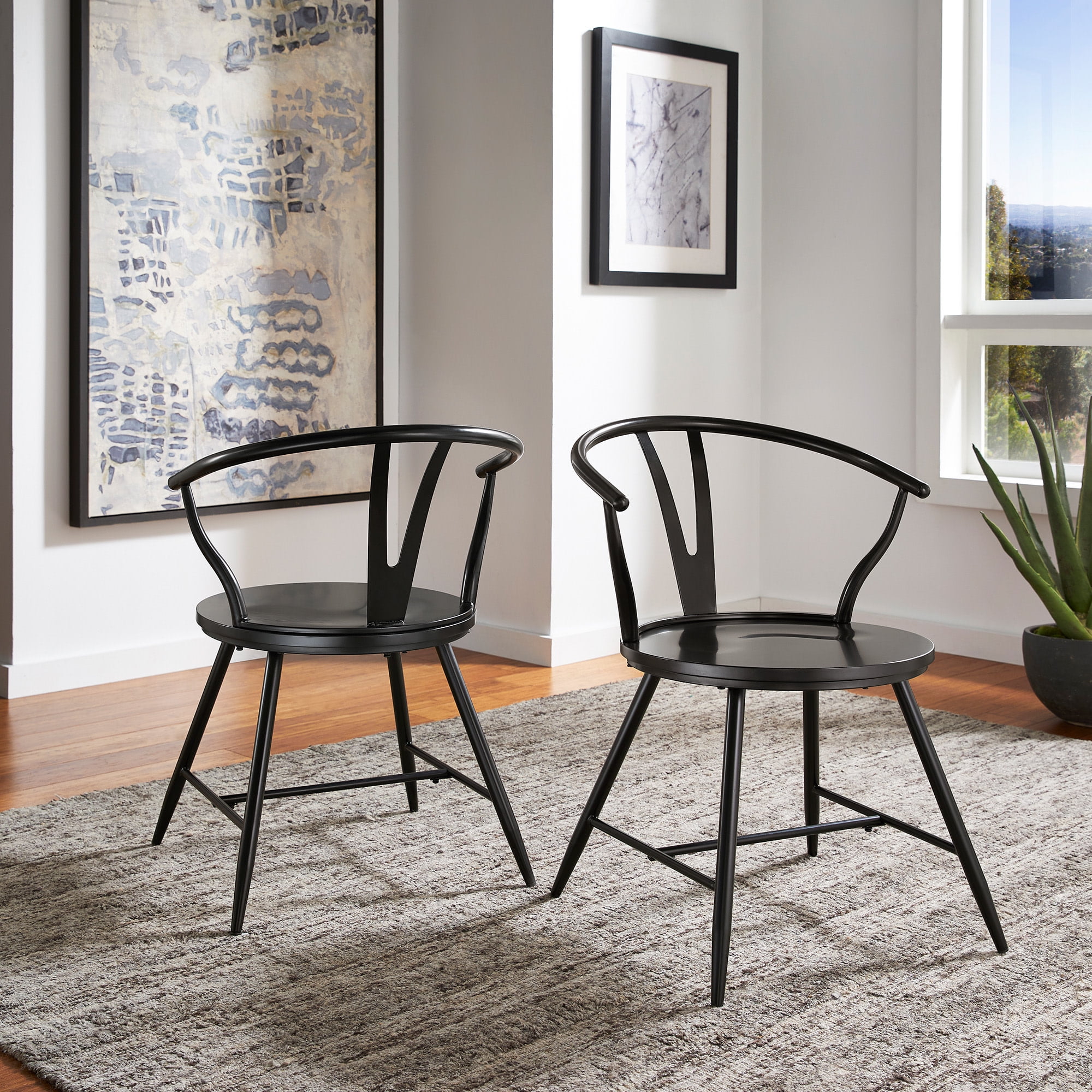 Weston Home Lydford Wishbone Back Metal Side Chair with Wood Seat, Black (Set of 2)