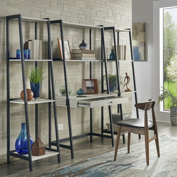 Weston Home Martin Marble 3-Piece Ladder Desk and Bookcase Set, Matte Black Finish
