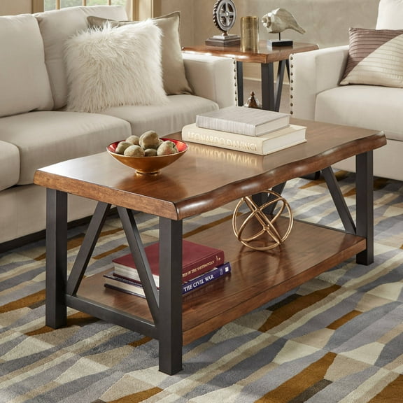 Weston Home Metal Base Coffee Table With Natural Edge Table Top and Lower Shelf