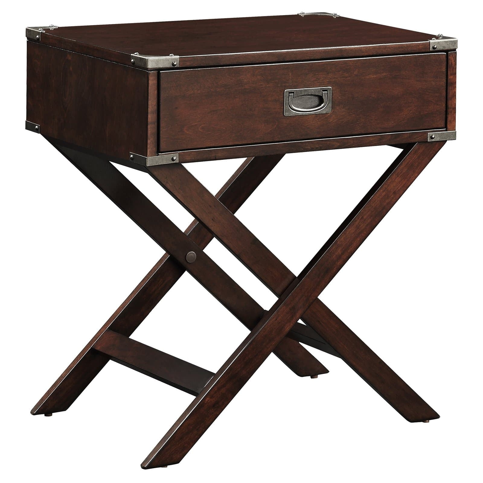 Espresso Wood and Metal X-Base End Table with Drawer