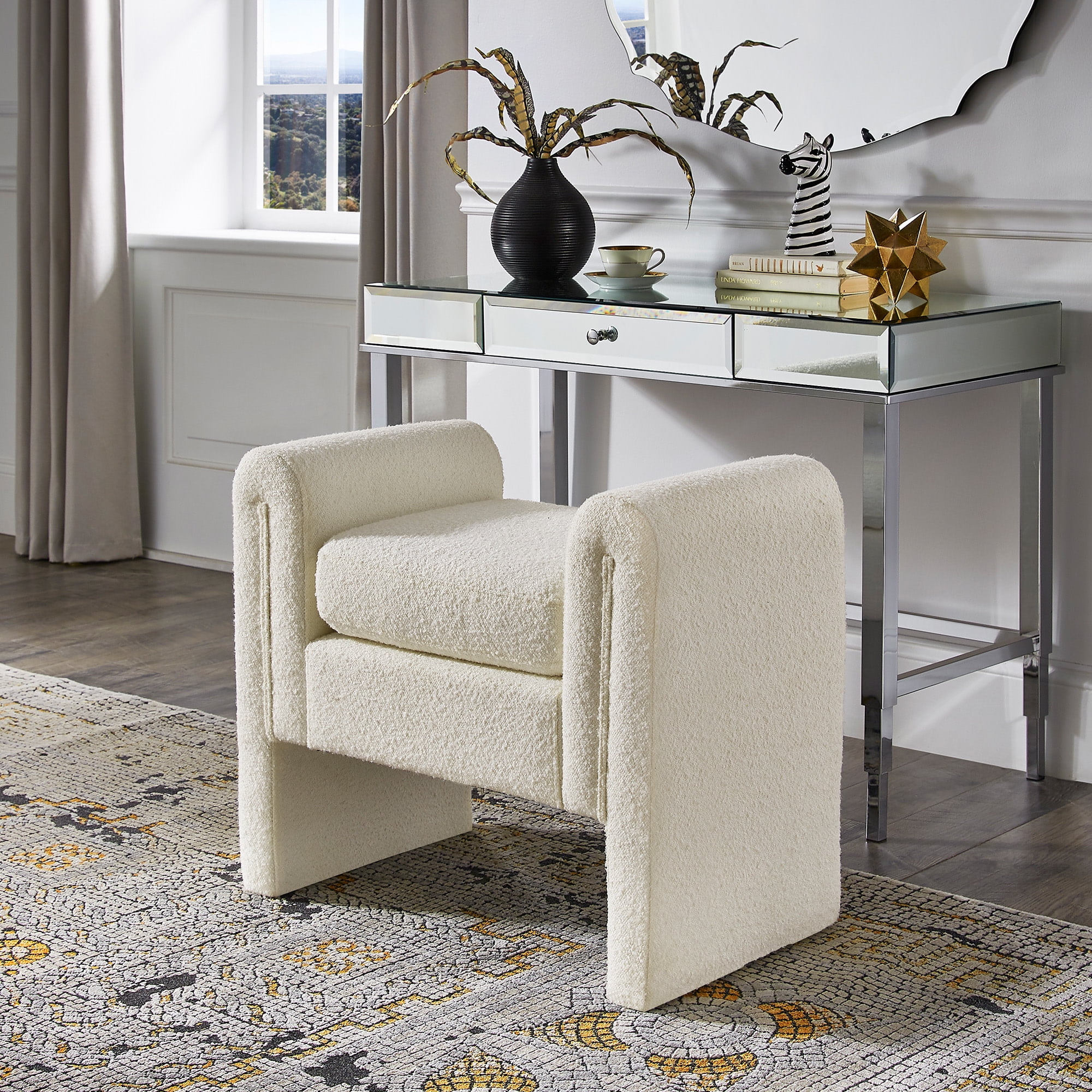 Weston Home Modica Upholstered Ivory White Boucle Bench, Small