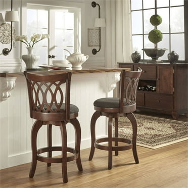 Weston Home Motif Round Swivel Cherry Finish High Back Counter Height Stool, Dark Gray Linen