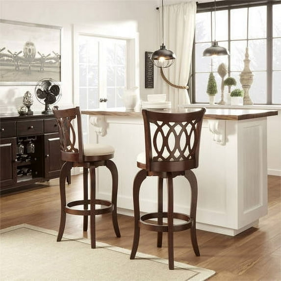 Weston Home Motif Upholstered Swivel Cherry Finish Wood Bar Height Stool, Beige