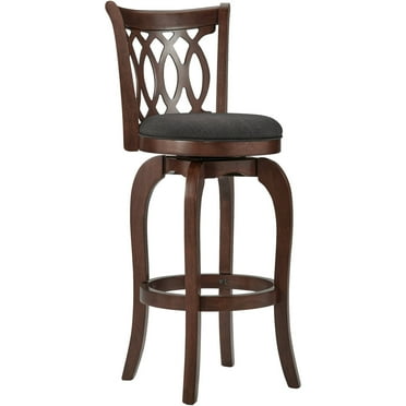 Weston Home Motif Upholstered Swivel Cherry Finish Wood Bar Height Stool, Dark Grey