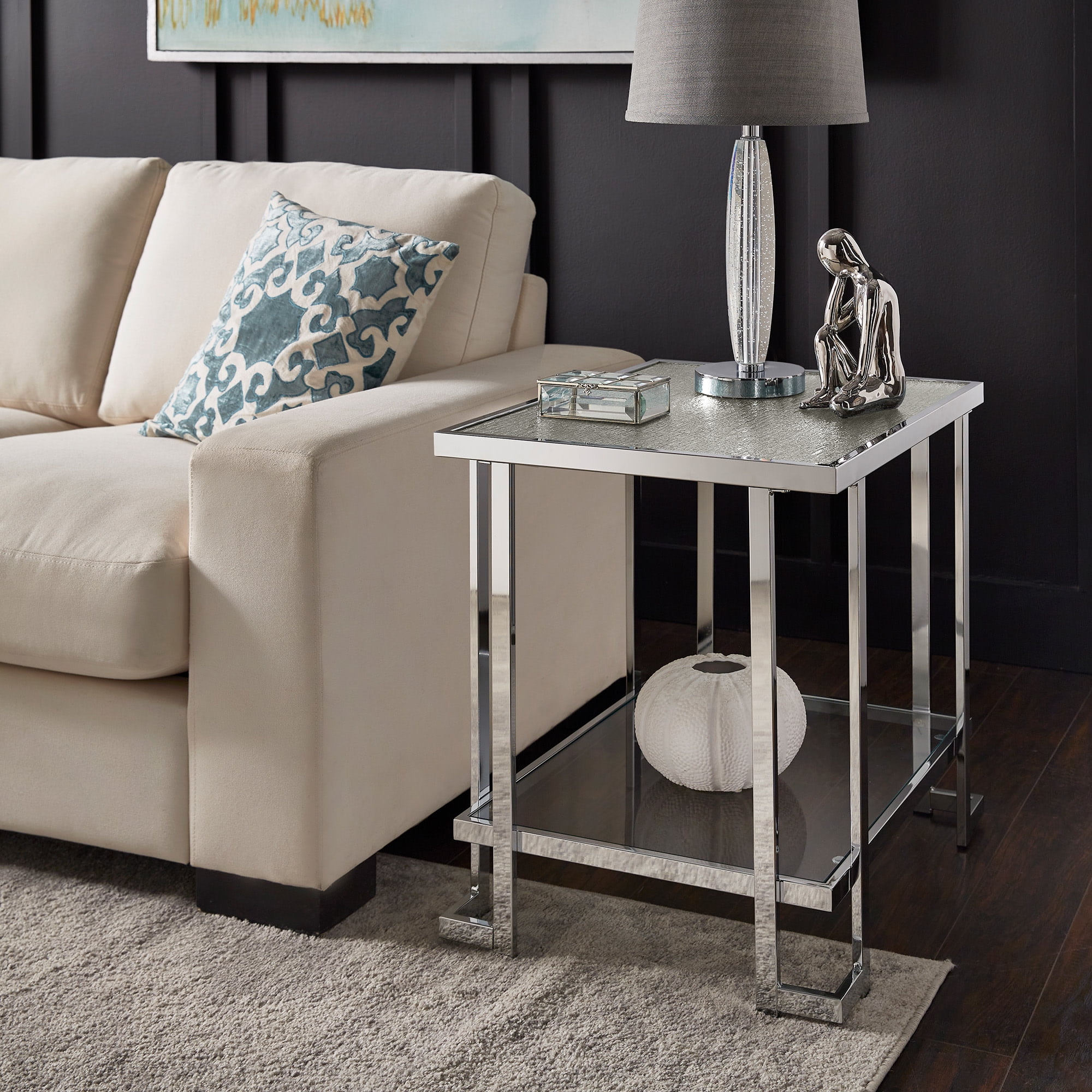 Weston Home Murray Chrome Finish End Table with Textured Glass Top