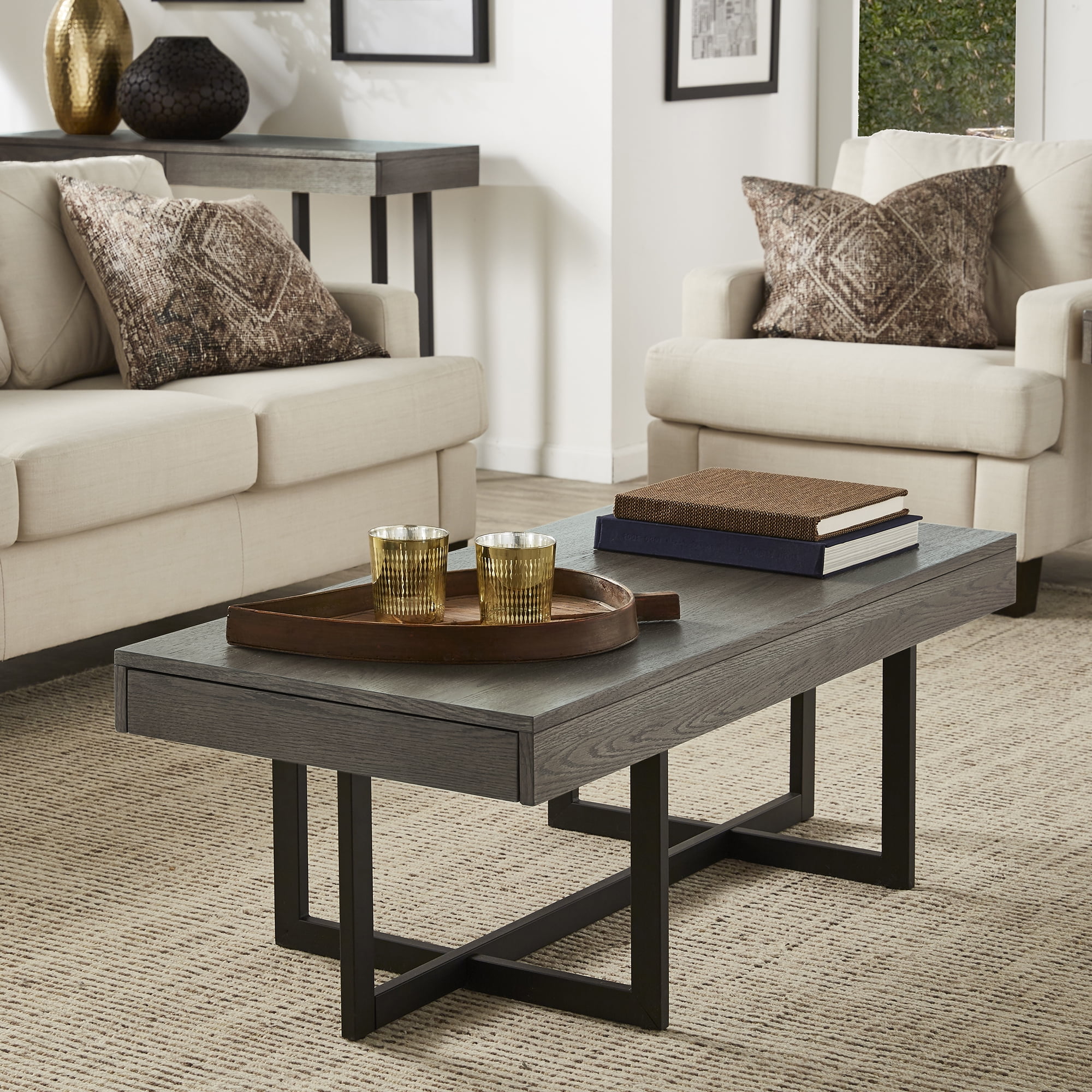 Weston Home Nadian Modern Metal and Wood 2 Drawer Coffee Table, Gray