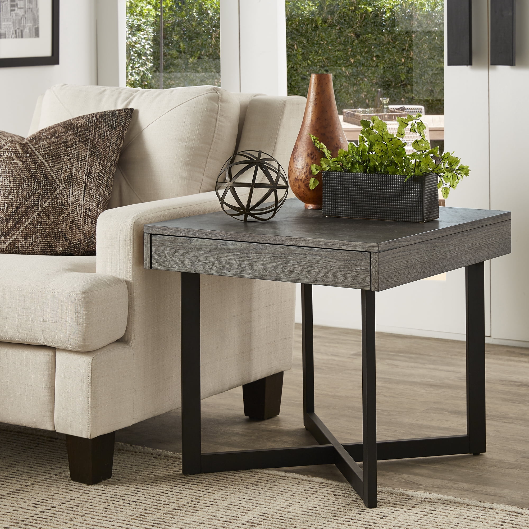 Weston Home Nadian Wood and Black Metal One Drawer End Table, Gray
