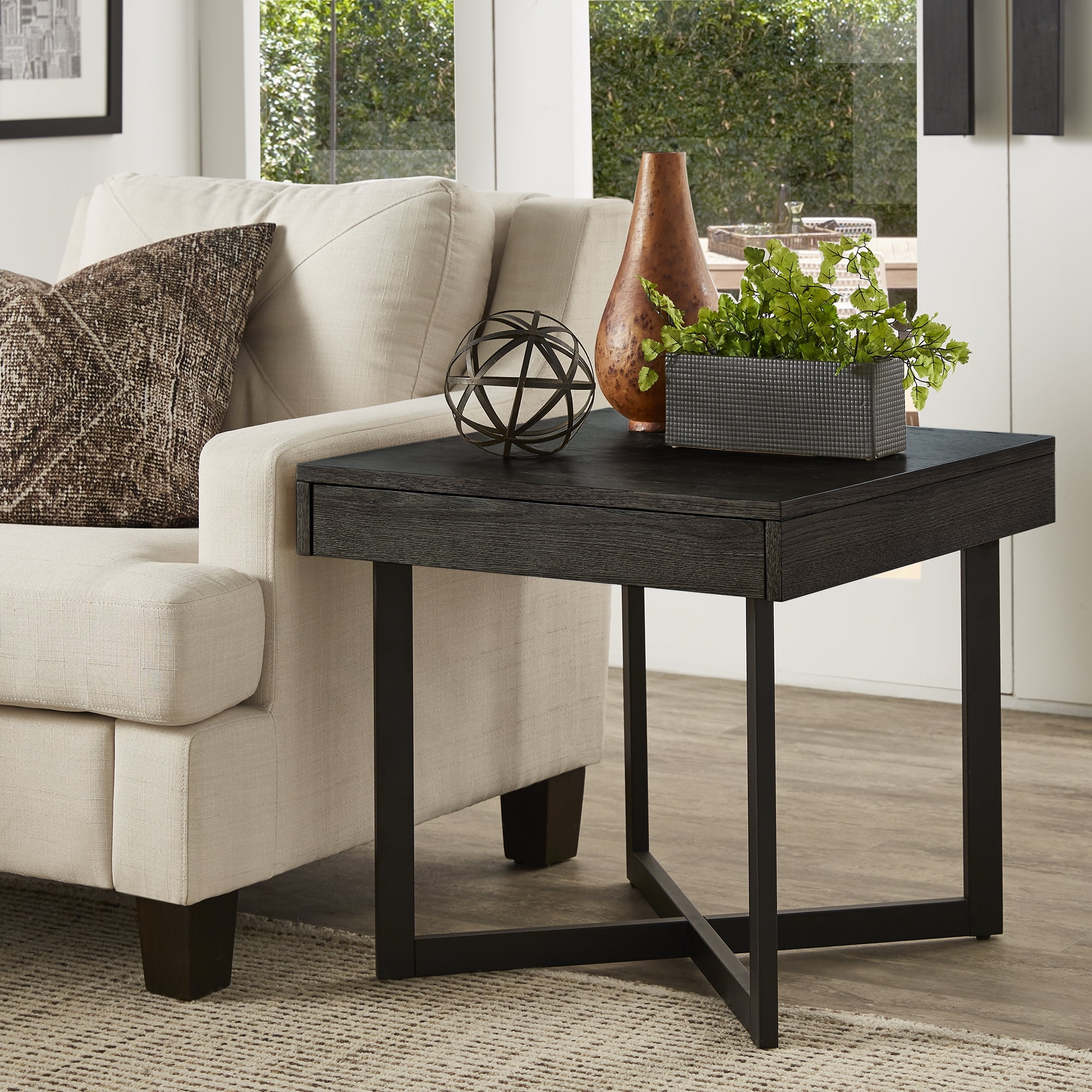 Weston Home Nadian Wood and Metal End Table with Drawer in Brown and Black