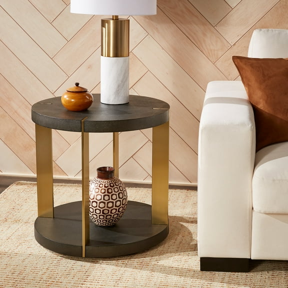 Weston Home Namsos Gold Finish Metal Dark Brown Faux Shagreen Round End Table, Dark Brown