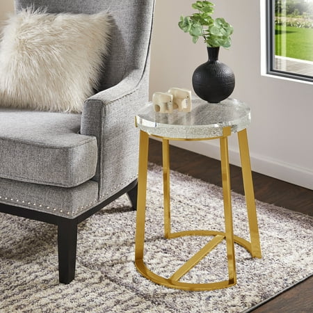 Weston Home Narvik Modern Stainless Steel Glass Top Table Round End Table, Brass Finish
