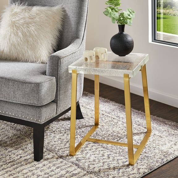 Weston Home Narvik Stainless Steel Cast Glass Top Square End Table, Brass Finish, Square End Table