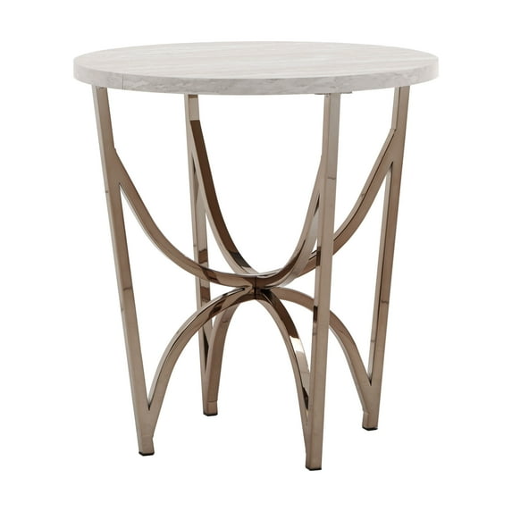 Weston Home Natasha Champagne Gold Glam Round End Table With White Faux Marble Top