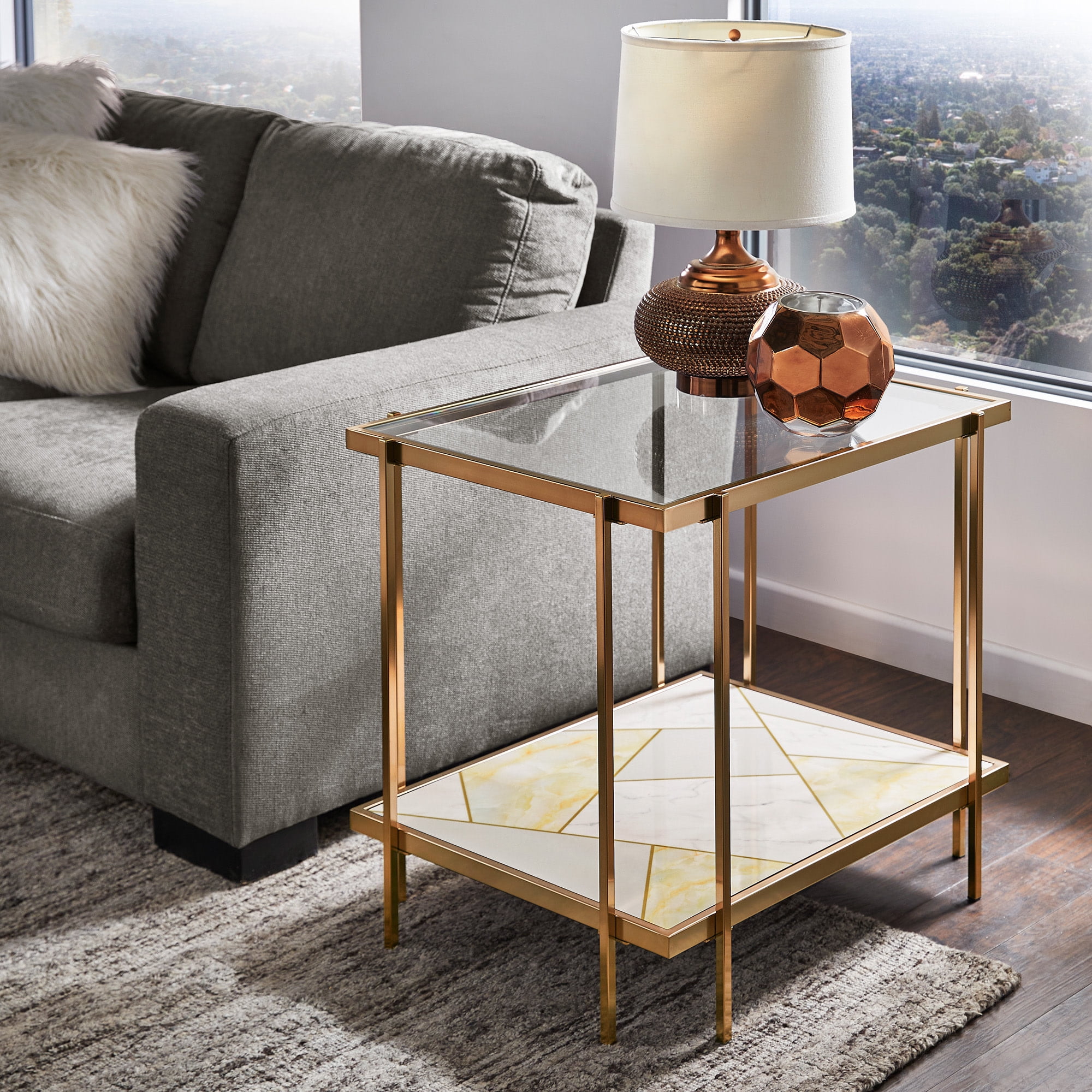 Weston Home Neponsit Metal and Glass End Table with Geometric Marble Pattern Bottom, Champagne Gold