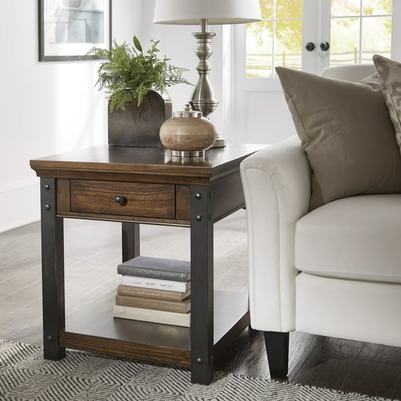 Weston Home Niccola Wood Rectangular End Table with Built-In Outlets, Dark Cherry Finish