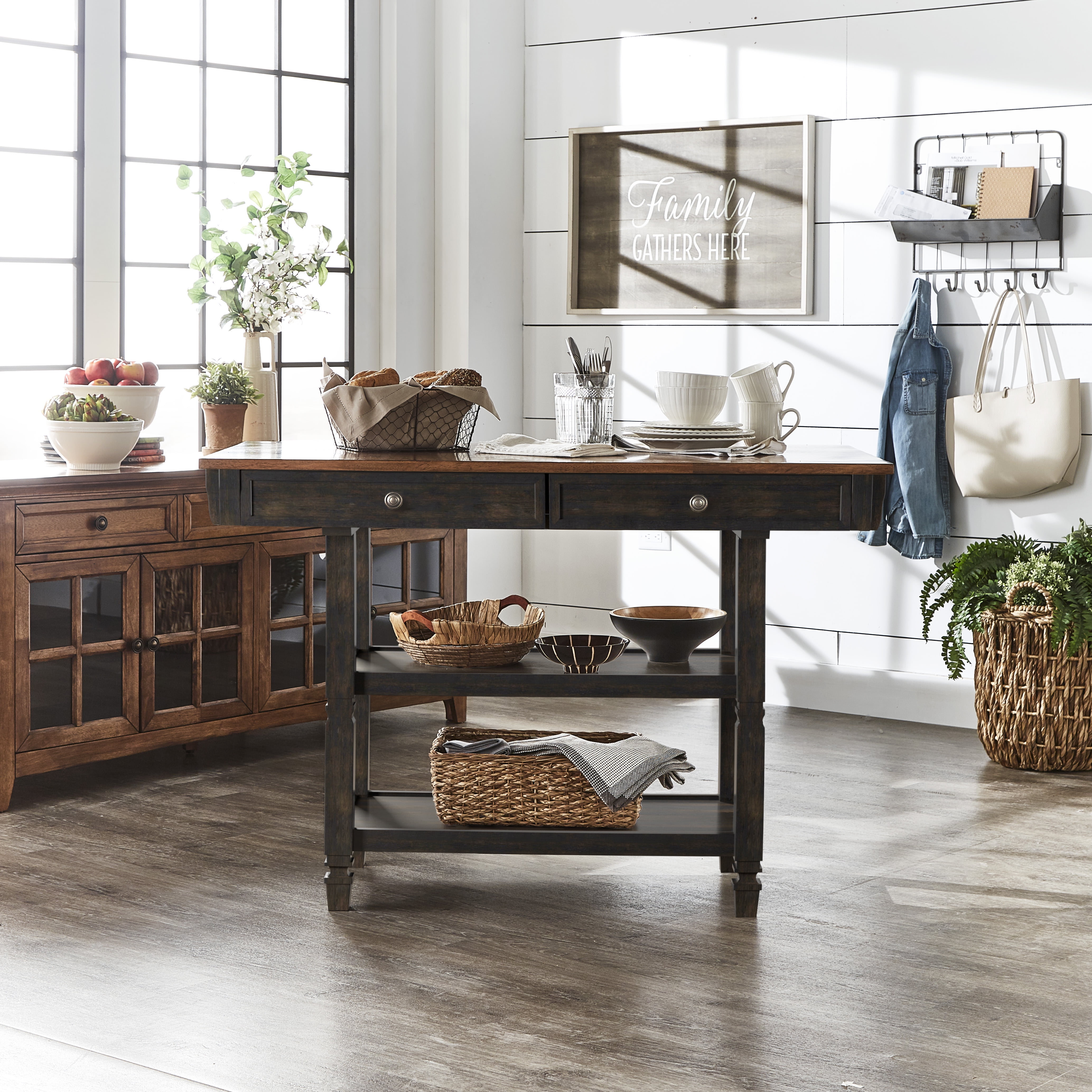 Weston Home Nora Kitchen Island with 2 Drawers and 2 Shelves, Antique Black