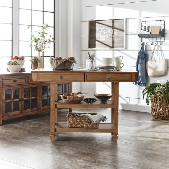 Weston Home Nora Kitchen Island with 2 Drawers and 2 Shelves, Oak