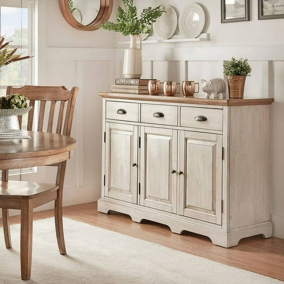 Weston Home Oak Top Kitchen Cabinet Buffet Sideboard, Antique White