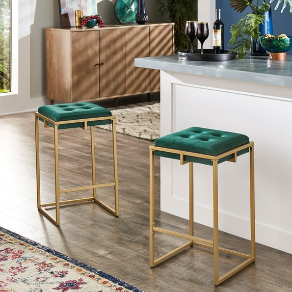 Weston Home Oddie Gold Finish Velvet Button Tufted Counter Stools, Dark Green (Set of 2)