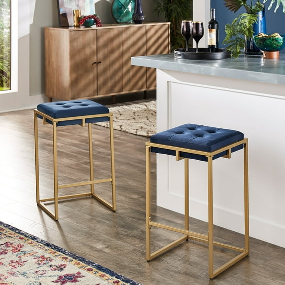 Weston Home Oddie Gold Finish Button Tufted Velvet Counter Height Stools, Set of 2, Blue