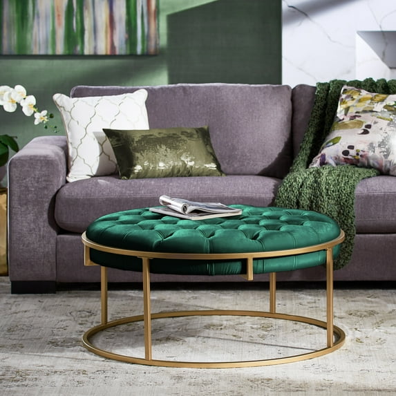 Weston Home Oddie Gold Finish Velvet Button Tufted Round Ottoman, Dark Green