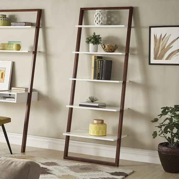 Weston Home Oliver Two-Tone 5-Shelf Leaning Ladder Bookcase, Espresso and White Finish