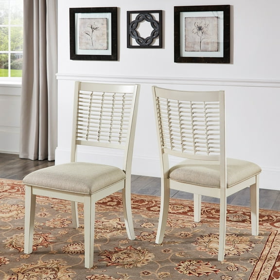 Weston Home Orvieto White Finish Wicker Dining Chair, Set of 2, Brown Fabric