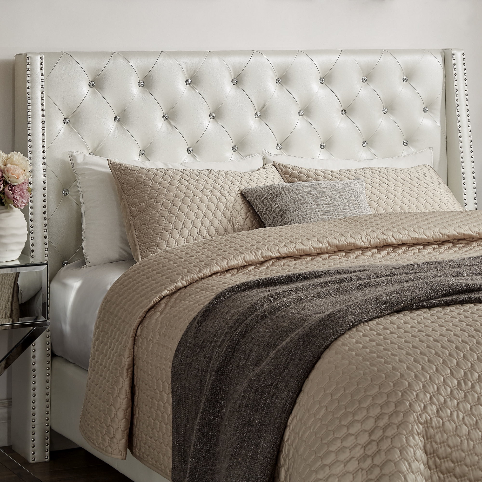 Weston Home Pixie Modern Wingback Faux Leather Headboard with Crystal Button Tufting Ivory White Queen Size