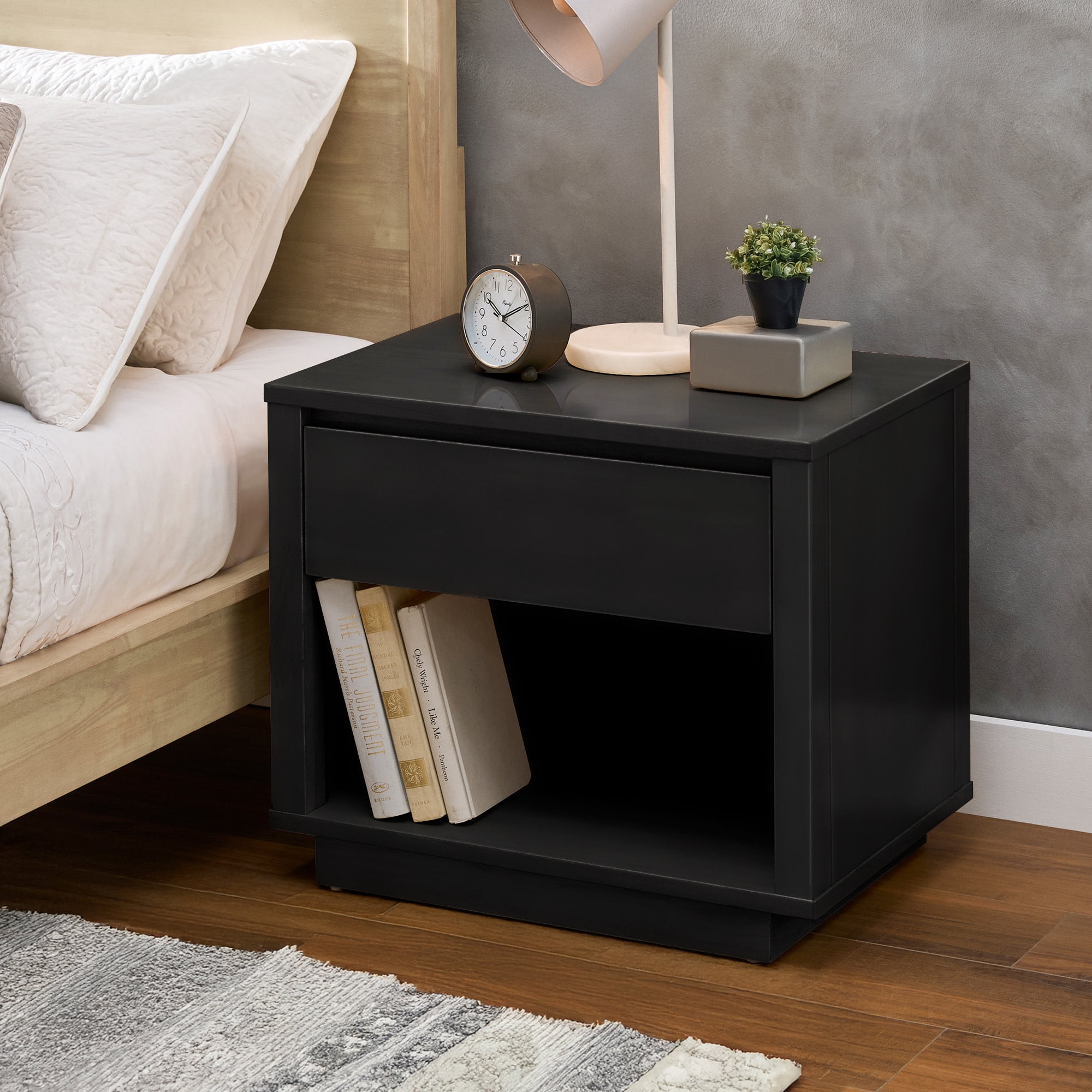 Weston Home Potrero Danish-Inspired Modern 1-Drawer Nightstand, Black Finish