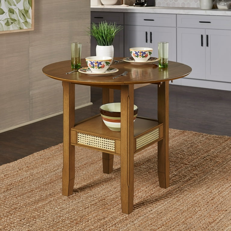 Weston Home Pulukan Cane Accent Round Dining Table with 2 Drop Leaves Oak Finish