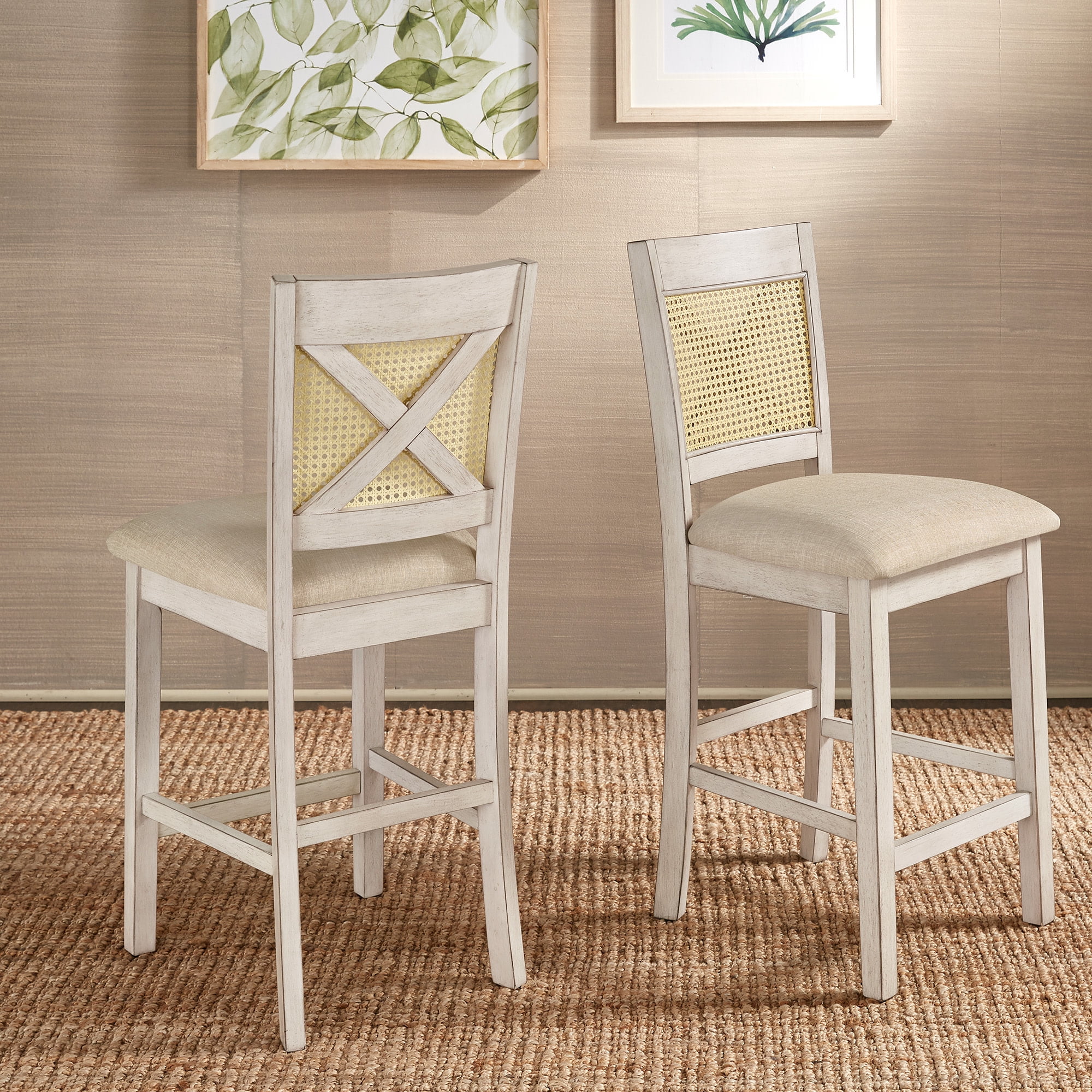 Weston Home Pulukan Cane Accent x-Back Counter Height Chair (Set of 2), Antique White Finish, Beige Linen