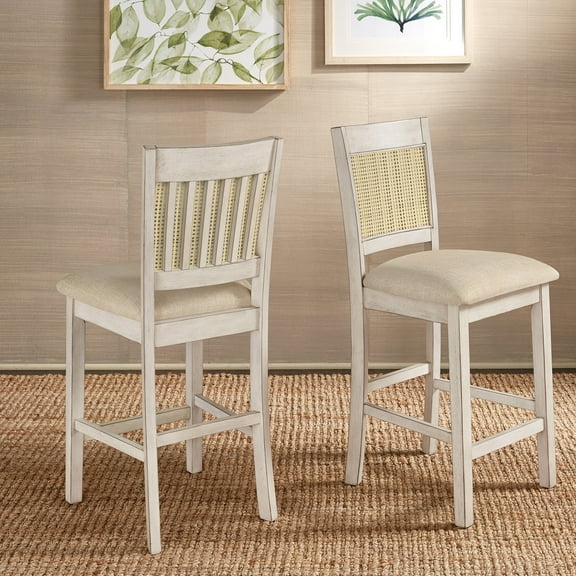 Weston Home Pulukan Cane Slat Back Counter Height Chair (Set of 2), Antique White Finish, Beige Linen