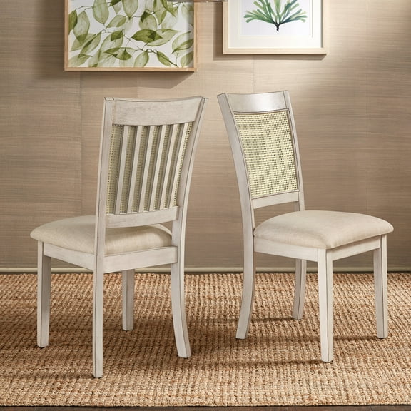Weston Home Pulukan Cane Slat Back Dining Chair (Set of 2), Antique White Finish, Beige Linen