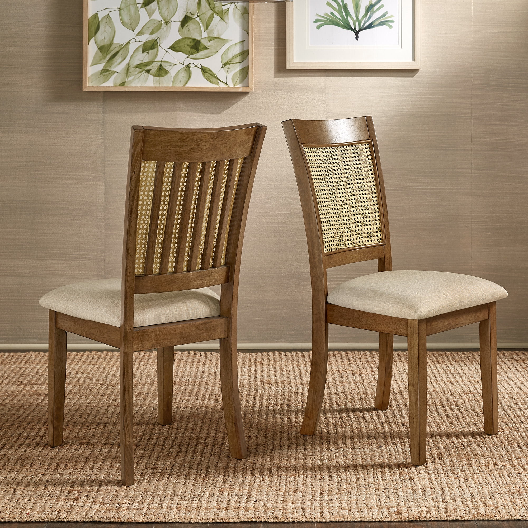 Weston Home Pulukan Cane Slat Back Dining Chair Set of 2 Oak Finish Beige Linen Walmart