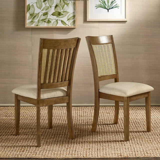 Weston Home Pulukan Cane Slat Back Dining Chair (Set of 2), Oak Finish, Beige Linen