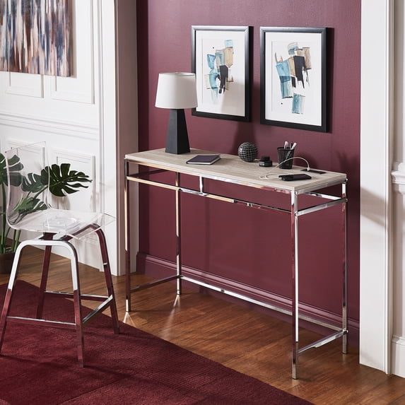 Weston Home Quaid Chrome Finish Counter Height Desk with Faux Marble Top and USB Charging Port