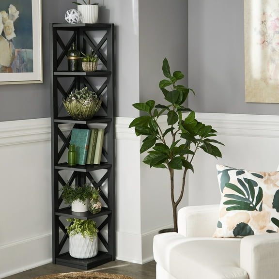 Weston Home Rebecca Wood 5-Shelf Corner Bookcase, Black