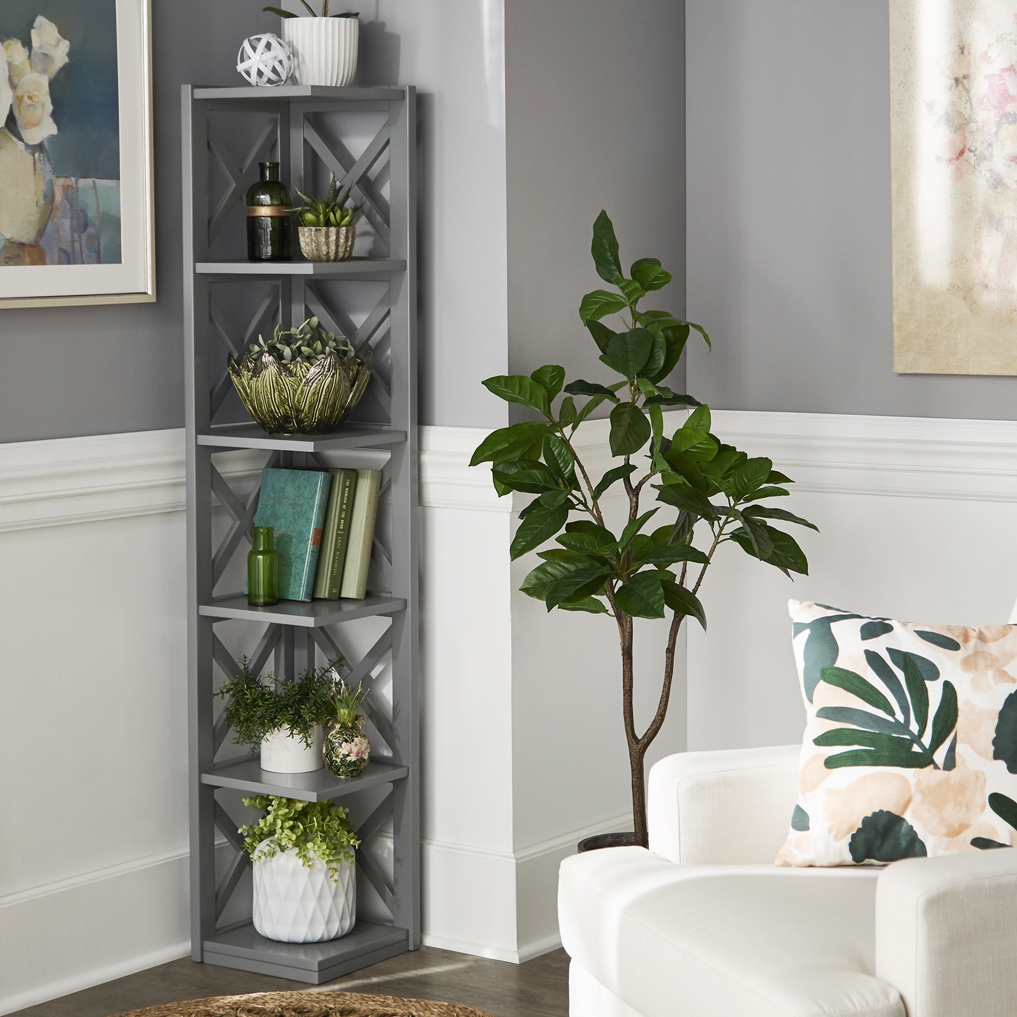 Weston Home Rebecca X-Frame 5-Shelf Wood Corner Bookcase, Grey