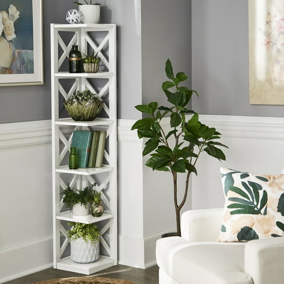 Weston Home Rebecca Wood 5-Shelf Corner Bookcase, White